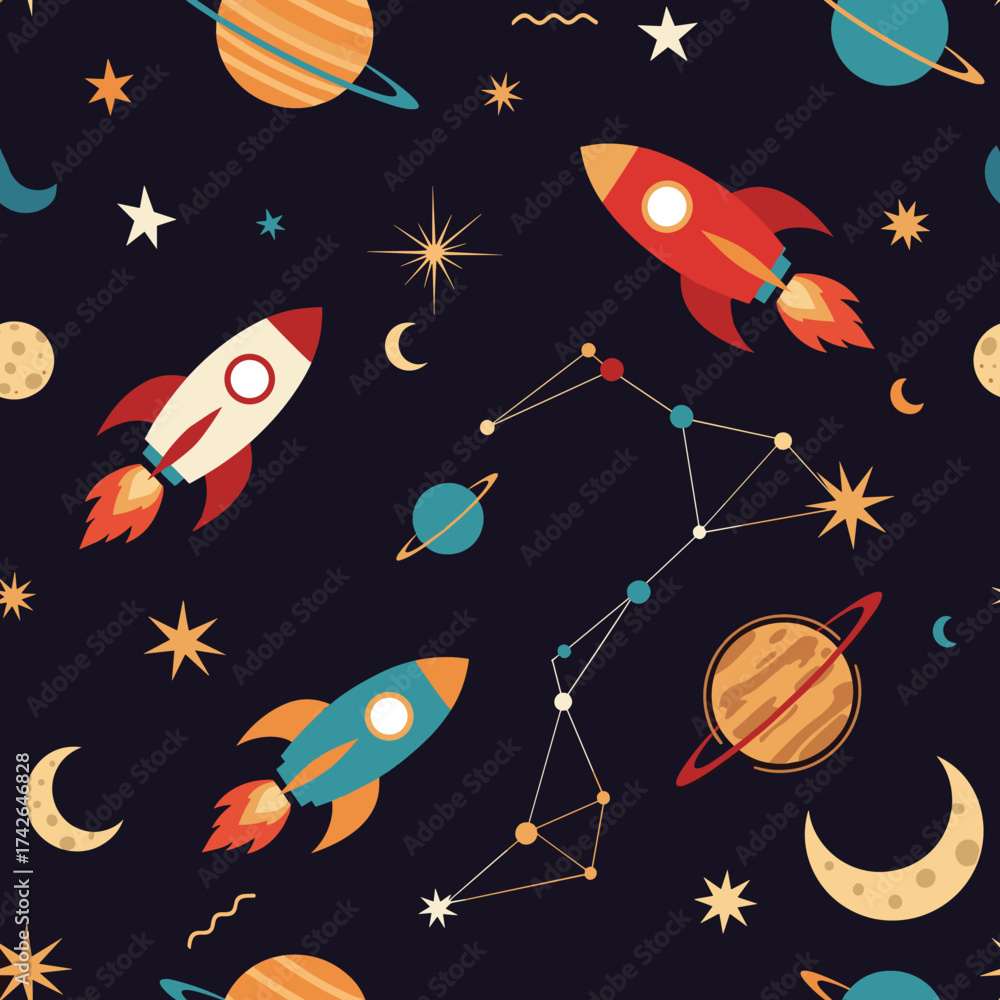 Naklejka premium A whimsical cosmic adventure featuring rockets planets stars and constellations in a dark night sky.