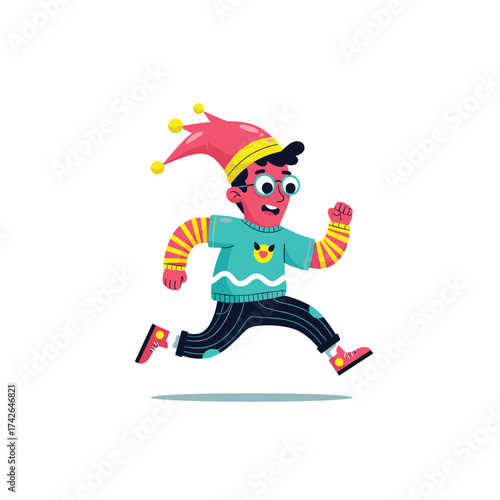 Joyful child with a playful hat running with energy and excitement.