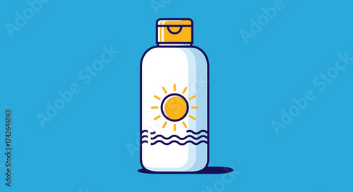 Illustration of sunscreen bottle isolated on blue background for sun protection