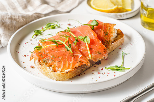 bruschetta with salmon on a white background