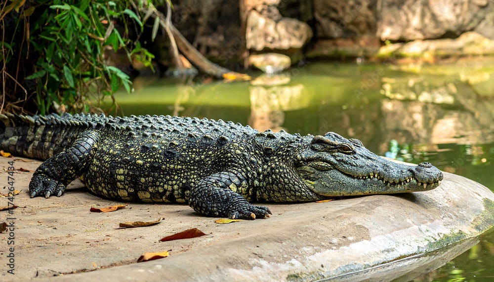 Obraz premium Large reptile basking on rock near pond. Sunlit creature in natural habitat