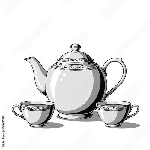 An elegant porcelain teapot sits with two delicate teacups. 