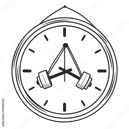 Minimalist line art of a gym wall clock displaying workout time and progress