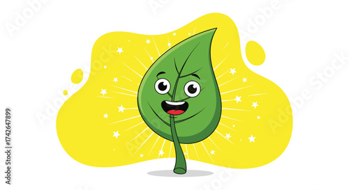 A happy cartoon leaf character with a bright yellow background.