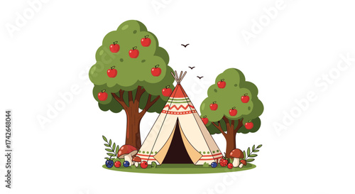 A cozy tent with apple trees and mushrooms in a meadow.