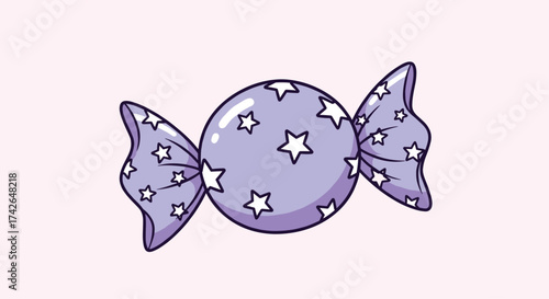A sweet purple candy wrapped in paper adorned with white stars.