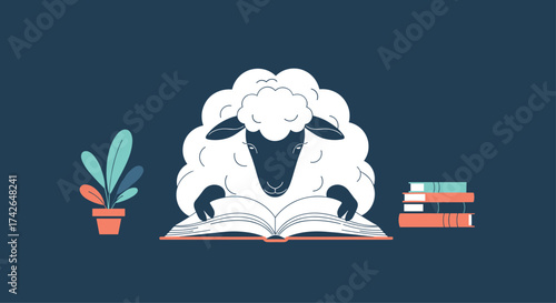 A fluffy sheep diligently reads a book surrounded by plants and more books.