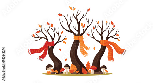 A cozy autumn scene with trees wearing scarves and mushrooms on the ground.