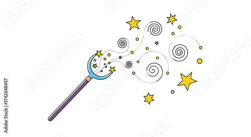 A magical wand creates a shower of sparkling stars and swirling patterns.