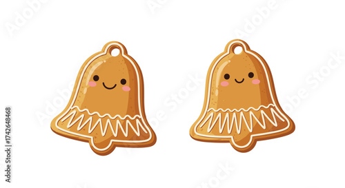 Two adorable bell shaped gingerbread cookies with frosting details.