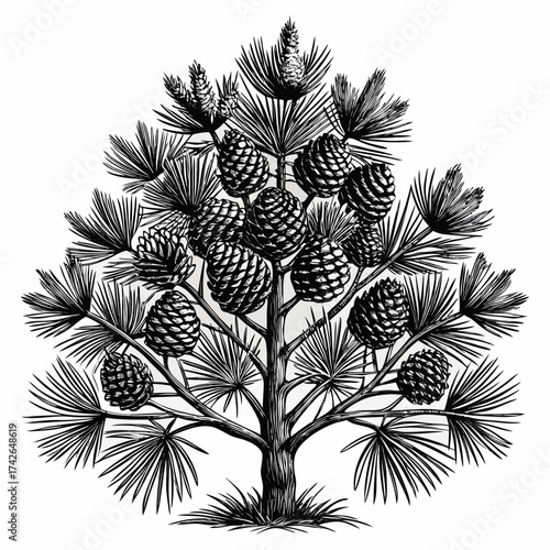 A detailed etching of a pine tree with long needle-like leaves and pinecones.
