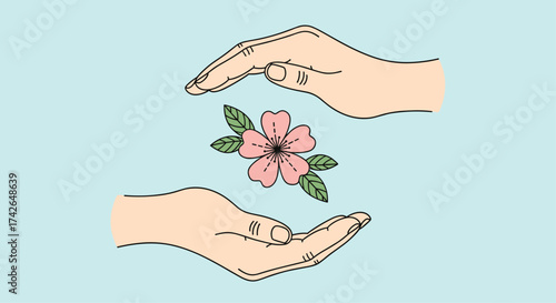 Two gentle hands carefully holding a delicate pink flower with green leaves between them.