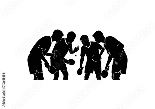 13.epsTable tennis team silhouette vector showing players holding rackets and planning match strategy, representing focus, teamwork, motivation, and discipline in a minimalist black design for sports 
