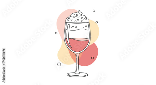 A refreshing layered beverage with whipped cream topping and abstract background elements.