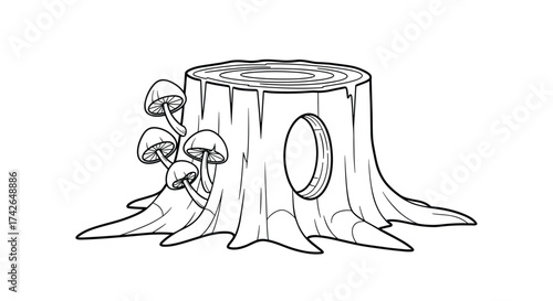 A detailed drawing of a tree stump with mushrooms and a hollow.