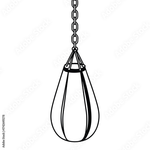 Outline vector illustration of a boxing punching bag suspended by a metal chain ideal for fitness and sports designs