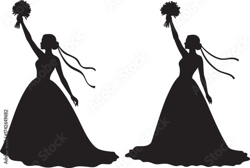 Two wedding dresses with bouquets silhouette