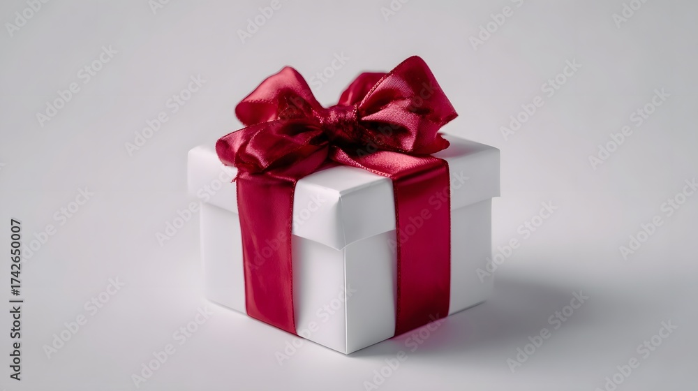 Obraz premium A white gift box tied with a satin red ribbon and bow on a clean light grey background
