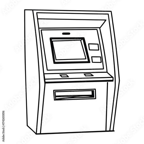 Clean vector outline illustration of an atm machine with a card slot and keypad for financial transactions