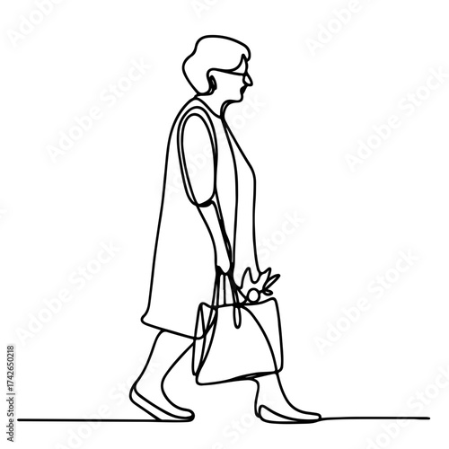 Elderly woman carrying groceries single line drawing