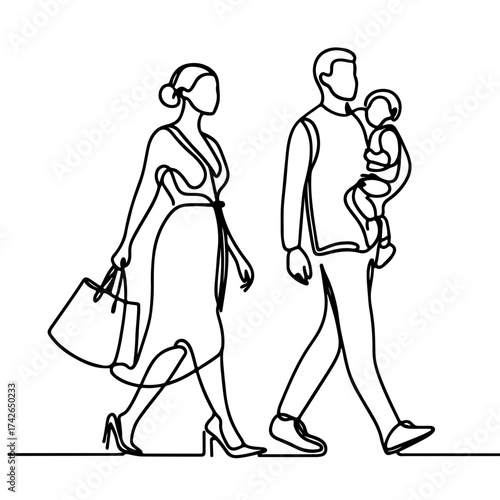 businesswoman walks with her husband, who is holding a child in his arms minimal single line drawing