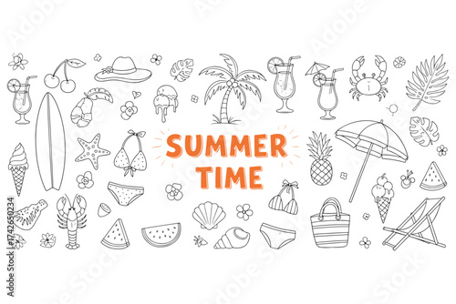 Summer time doodle illustration isolated on white background featuring beach elements, drinks, and accessories in a handdrawn style for a fun vacation vibe vector illustration