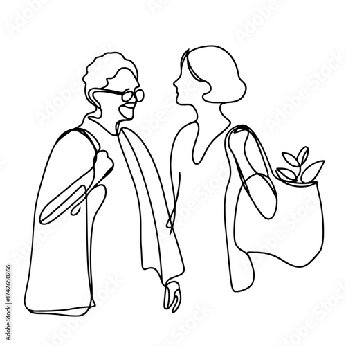 Elderly woman and her daughter with shopping bags are cheerfully discussing something, single linear illustration