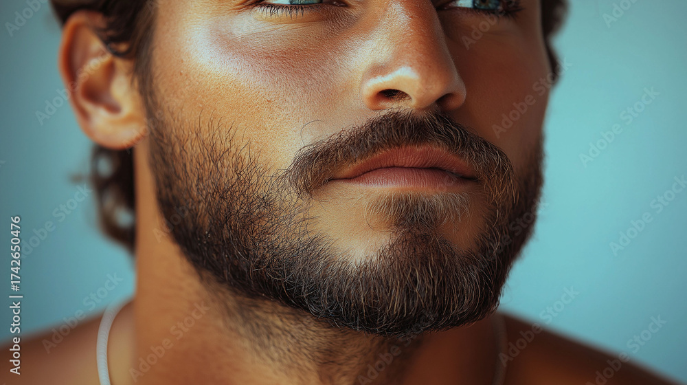 Obraz premium Striking close-up of a handsome man with captivating blue eyes and a well-groomed beard, ideal for men s grooming, skincare and fashion advertising campaigns