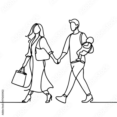 Married couple holding hands, man holding child in arms, single minimalist line art illustration