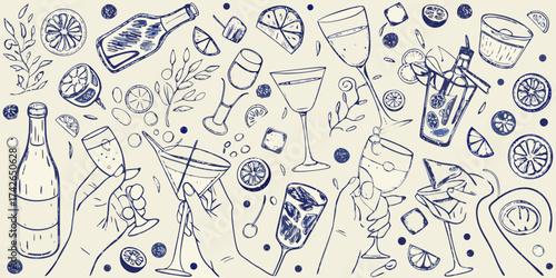 Hand drawn sketch of various cocktails and drinks with citrus fruits and garnishes on a light background