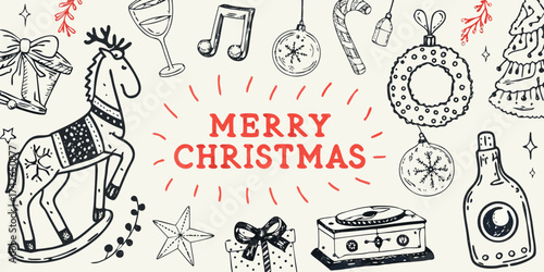 Hand drawn merry christmas doodle illustration with festive elements like a rocking horse and ornaments