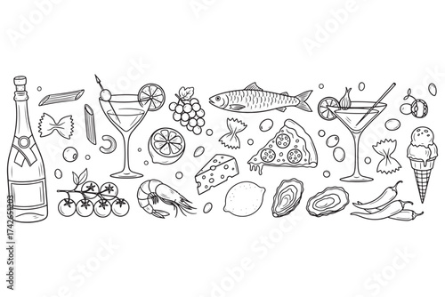 A delectable spread of food and drink, isolated on white background, showcasing a variety of culinary delights for any occasion vector illustration