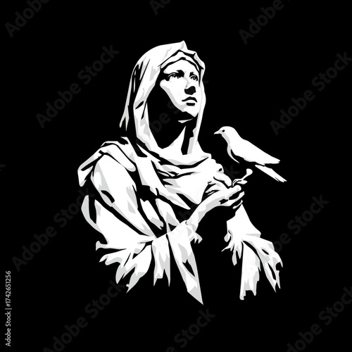 High contrast black and white vector art of a graceful classical figure in drapery holding a dove, symbolizing peace, hope, and spirituality.