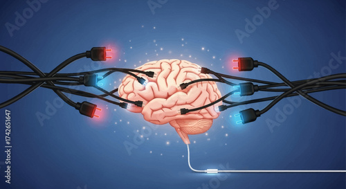Conceptual illustration of a human brain connected to multiple cables, representing artificial intelligence and neural networks