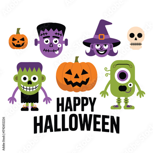 Cute cartoon halloween monsters and pumpkins with happy halloween text