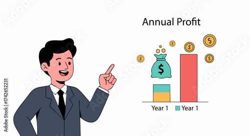 Businessman Presenting Annual Profit Growth Bar Chart and Financial Success