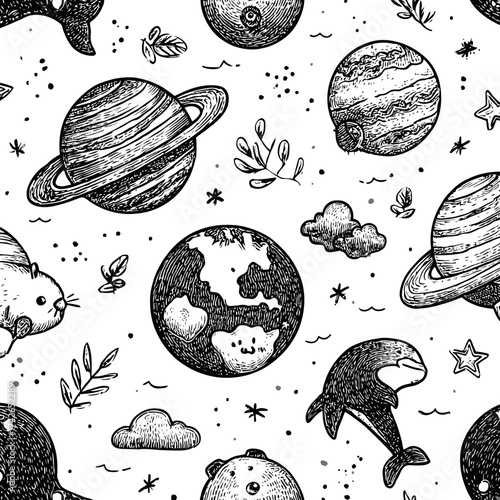 Seamless hand drawn celestial pattern with cute doodle planets, stars, and space animals on a white background. Monochrome universe illustration.