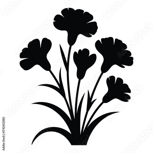 Silhouette of a bouquet of five carnation flowers with stems and leaves