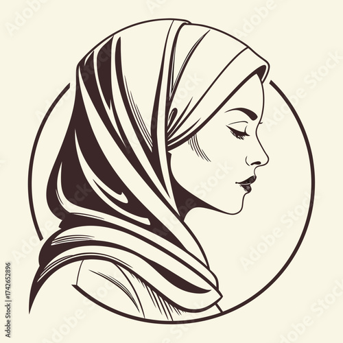 Elegant muslim woman in hijab in line art style