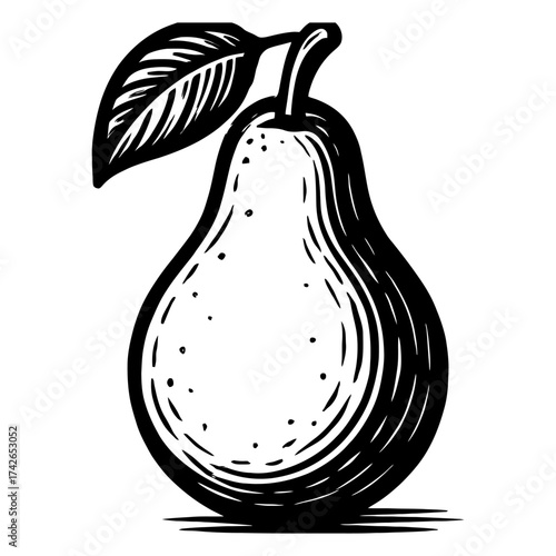 A black and white drawing of a pear with a leaf on top. The pear is shown in a close up. The image has a simple. Vector. Silhouette illustration.