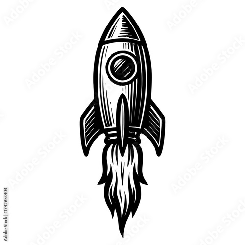 A black and white drawing of a rocket with flames coming out of it. The rocket is the main focus of the image. Vector. Silhouette illustration.