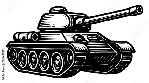 A black and white drawing of a tank. The tank is large and has a lot of detail. Scene is serious and powerful. Vector. Silhouette illustration.
