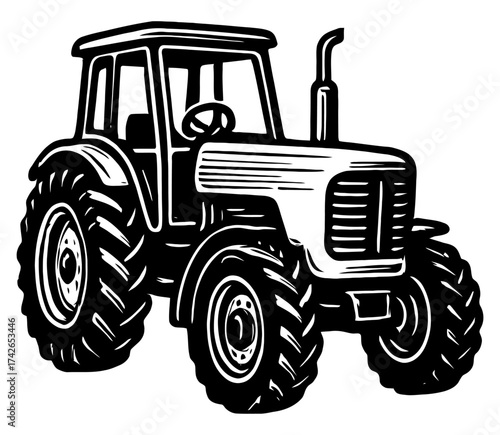 A black and white tractor with a large wheel on the front. The tractor is a symbol of hard work and agriculture. Vector. Silhouette illustration.