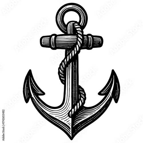 A black anchor with a rope tied to it. The anchor is the main focus of the image. Vector. Silhouette illustration.