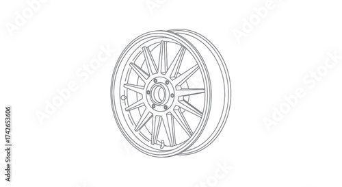 Detailed Line Drawing of a Multi-Spoke Alloy Car Wheel.
