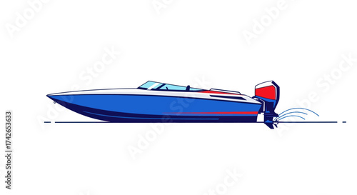 Sleek blue and red speedboat with a powerful outboard motor shown in a side profile illustration.