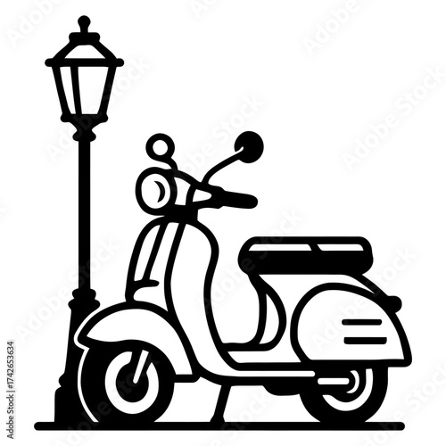 A black and white drawing of a scooter parked next to a street lamp. The scooter is the main focus of the image. Vector. Silhouette illustration.