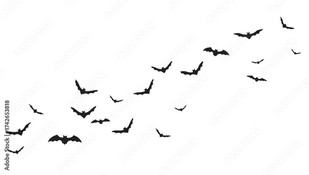 Obraz premium A flock of bats flying in formation against a white background