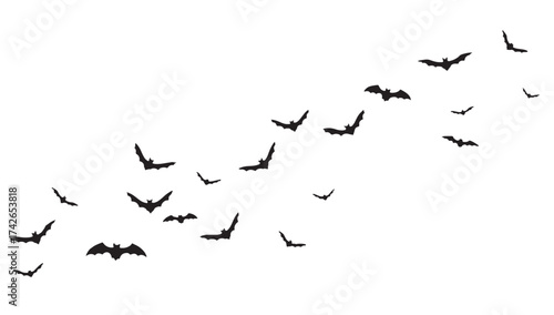 A flock of bats flying in formation against a white background