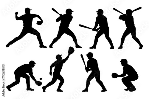 A series of silhouettes of baseball players in various positions. Scene is one of action and athleticism. Vector. Silhouette illustration.
